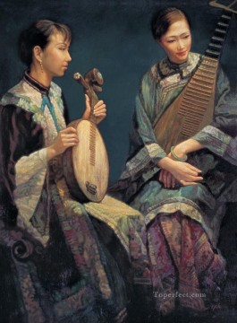 Lyre Playing Chinese Chen Yifei Girl Oil Paintings